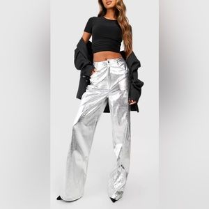 BOOHOO HIGH WAISTED METALLIC FULL LENGTH PANTS